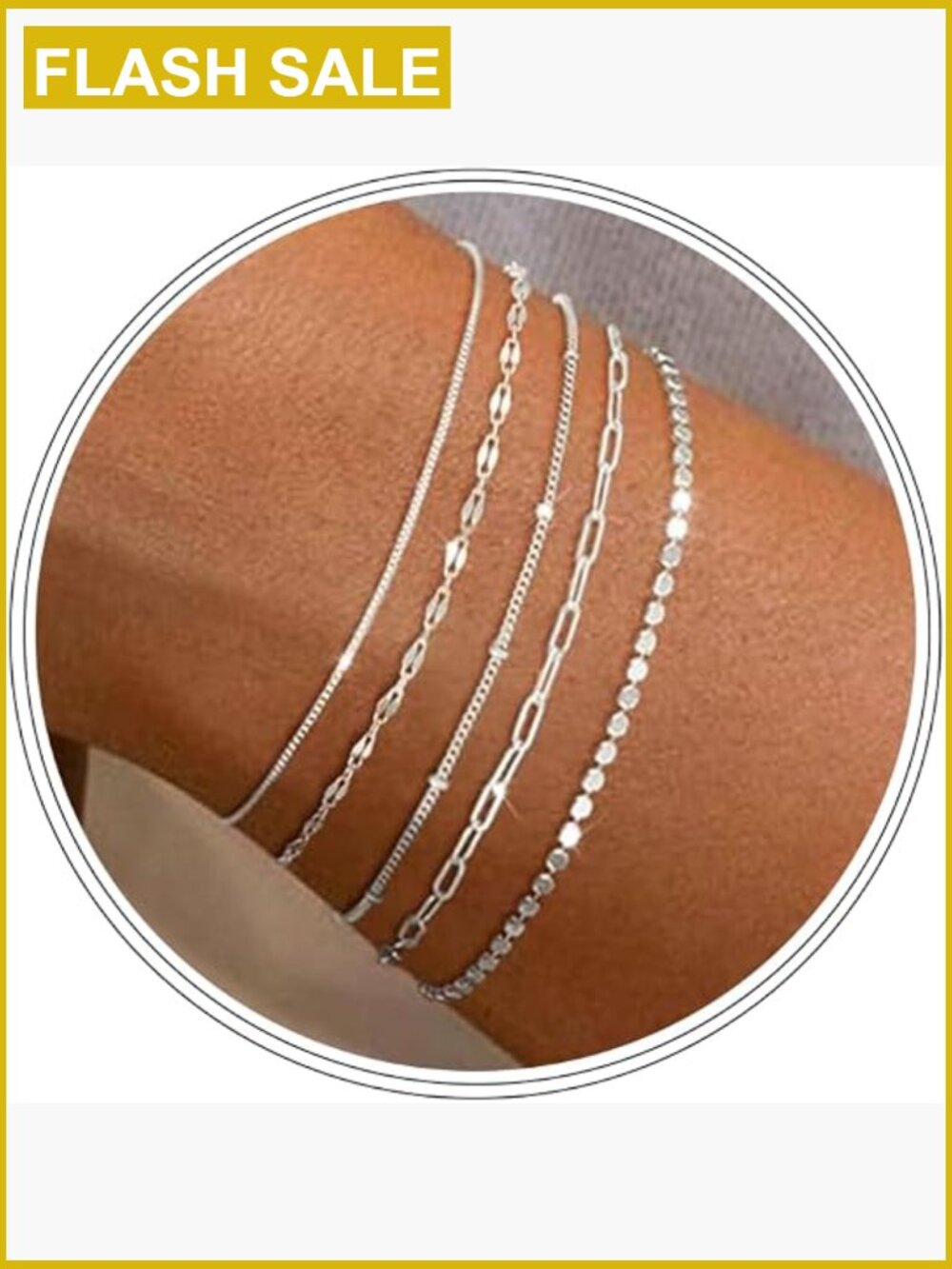 5pc Dainty Silver Bracelet Stack Set Adjustable 6.5" Minimalist Chain Bracelets